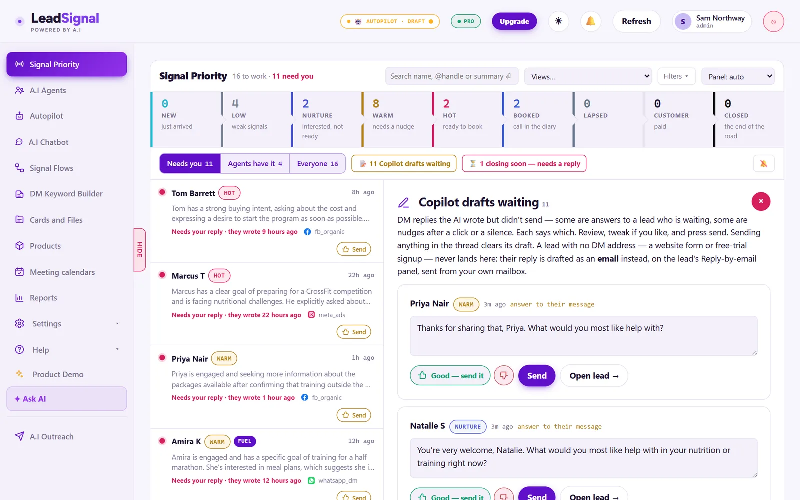 Copilot drafts waiting in LeadSignal: DM replies the AI wrote but did not send, each with Good, thumbs down, Send and Open lead buttons