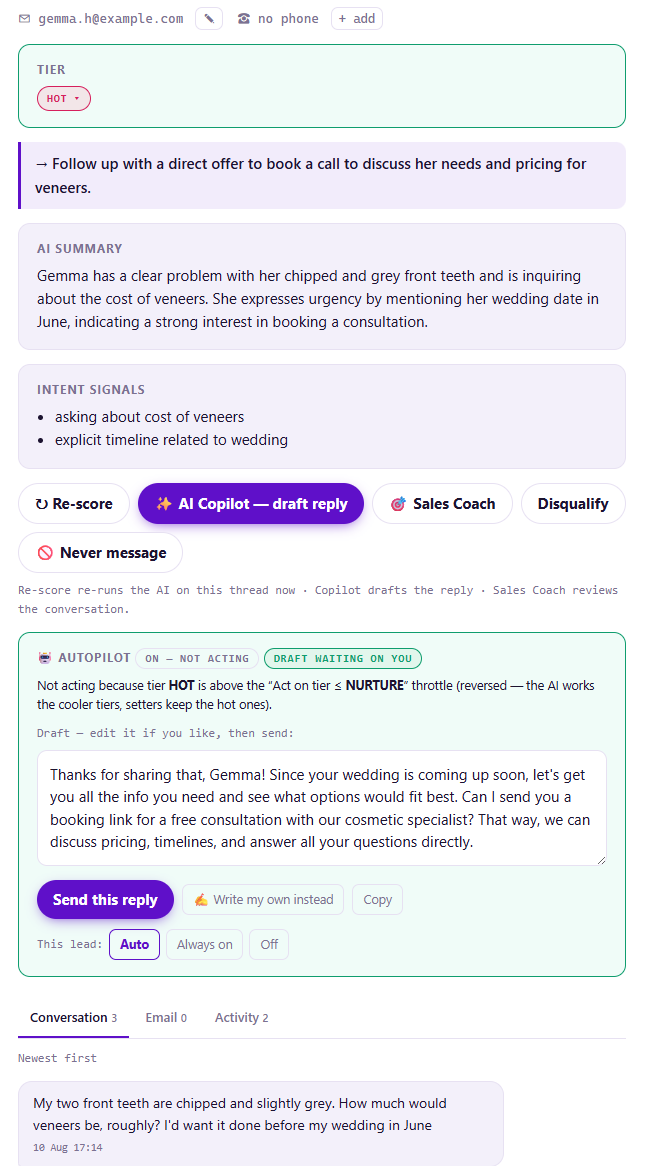 A LeadSignal lead panel showing tier HOT, an AI summary, intent signals, and an AI-drafted reply waiting for a human to send