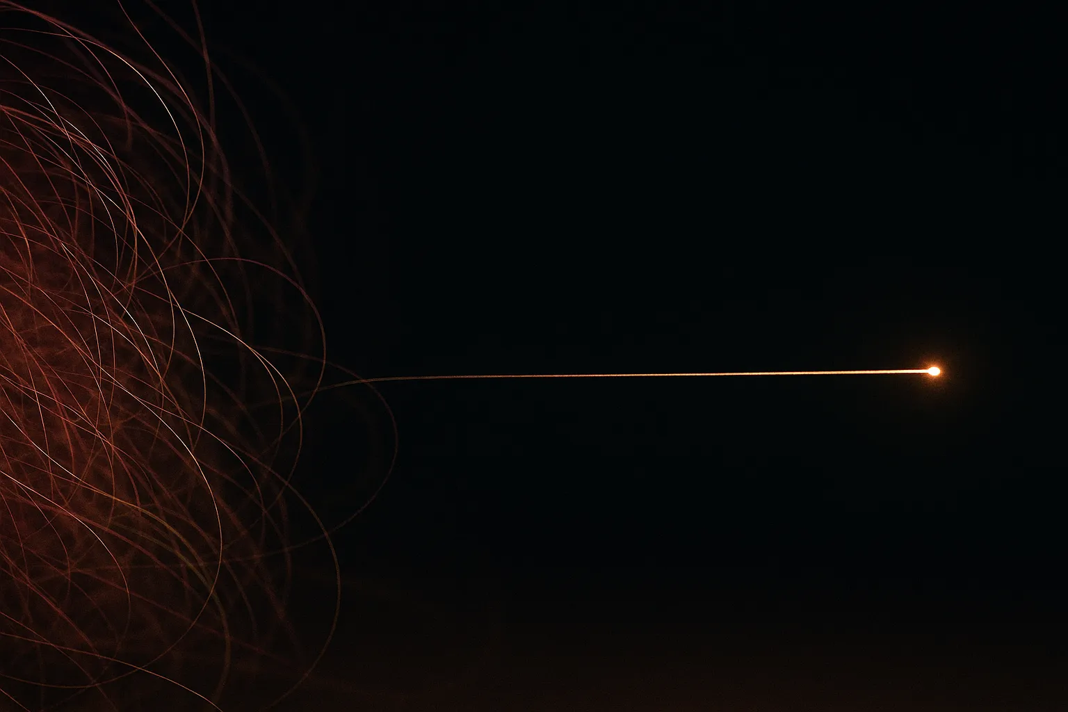 A single thread of light drawn out of tangled strands into a clean line