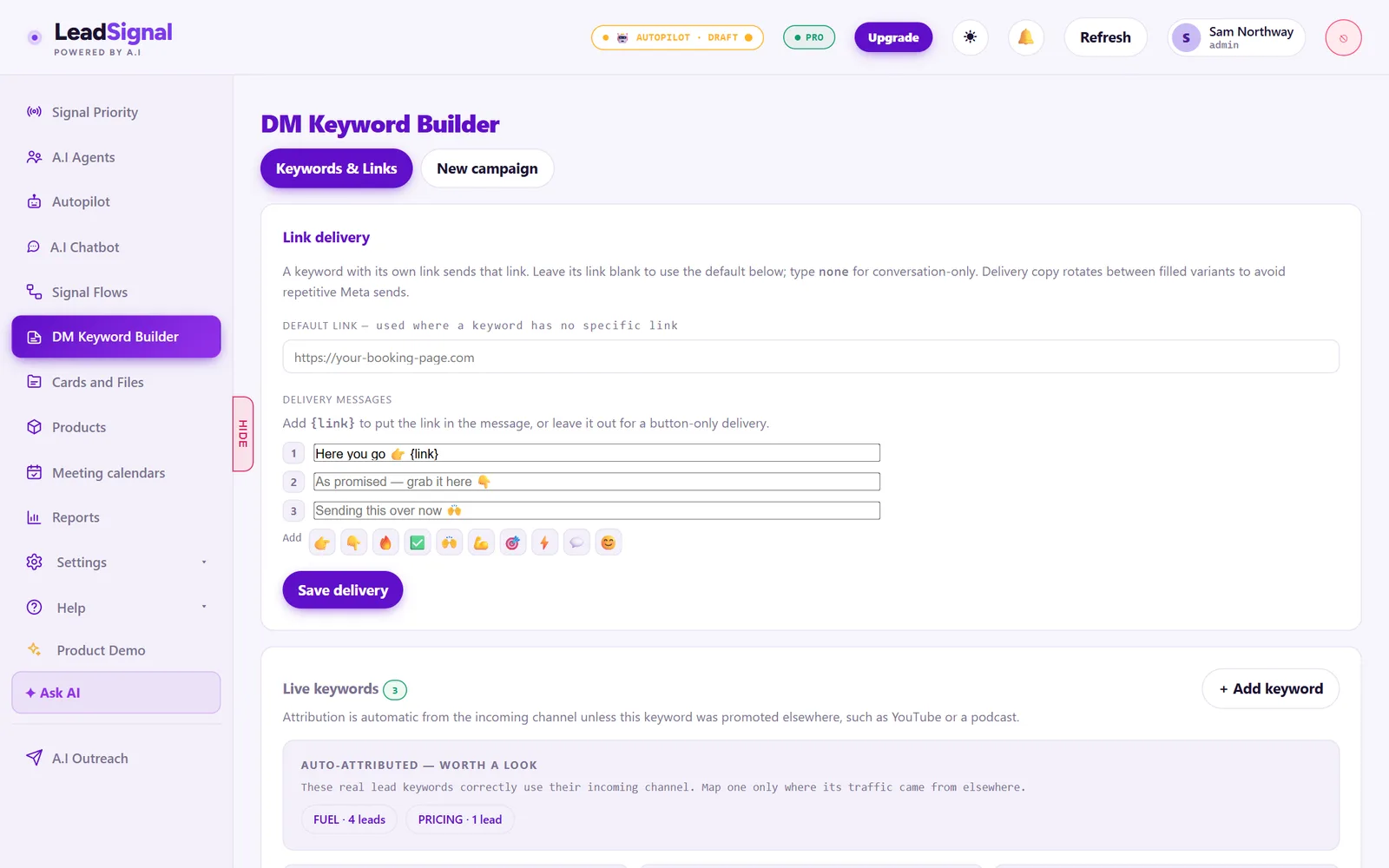 The LeadSignal DM Keyword Builder: the default link, the rotating delivery messages, and the live keywords with how many leads each has captured