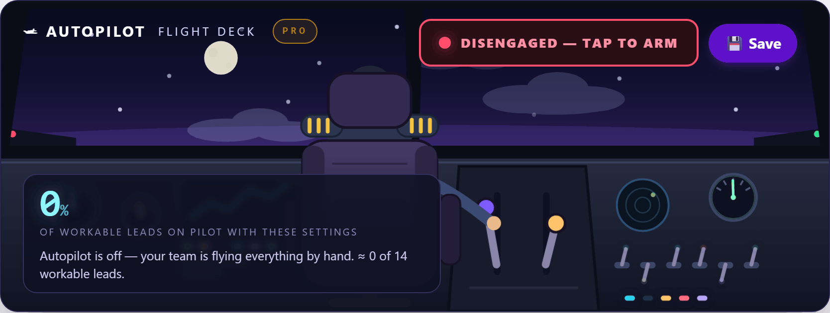 The LeadSignal Autopilot flight deck showing draft mode armed, tier throttle and reply pacing controls