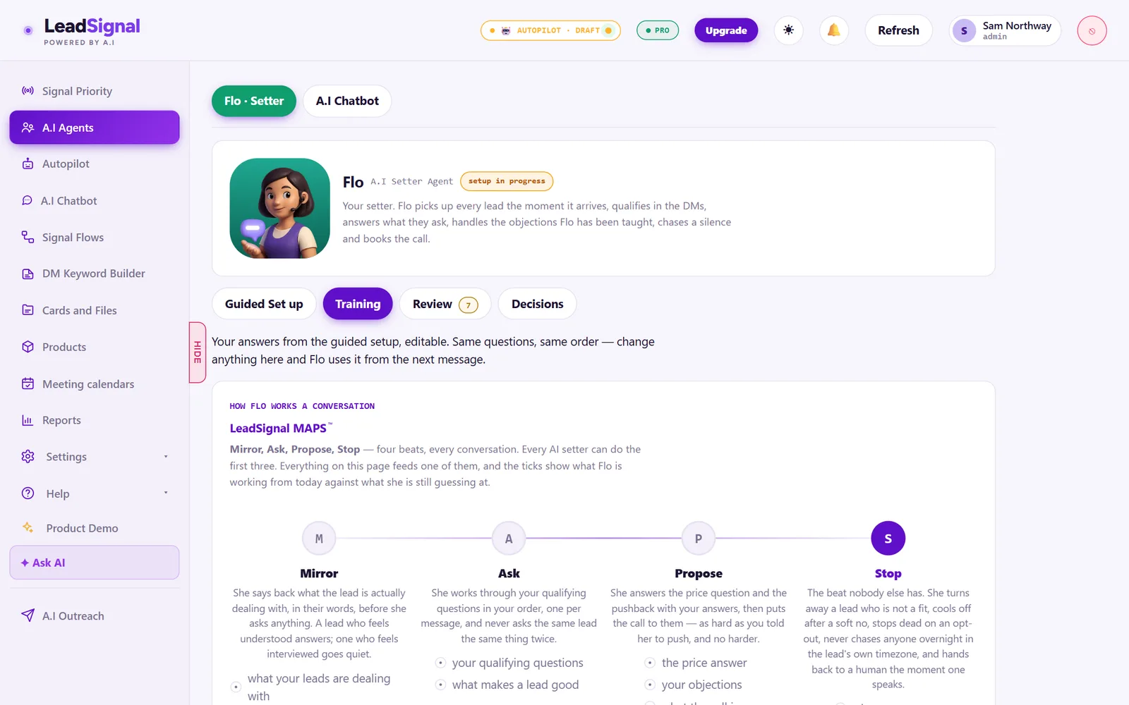 Flo, the LeadSignal AI setter, on the Training tab: the MAPS method of Mirror, Ask, Propose and Stop with what feeds each step