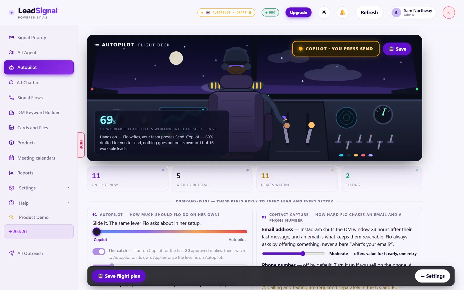 The LeadSignal Autopilot flight deck: the Copilot to Autopilot lever, the share of workable leads Flo is handling, and the contact-capture dials