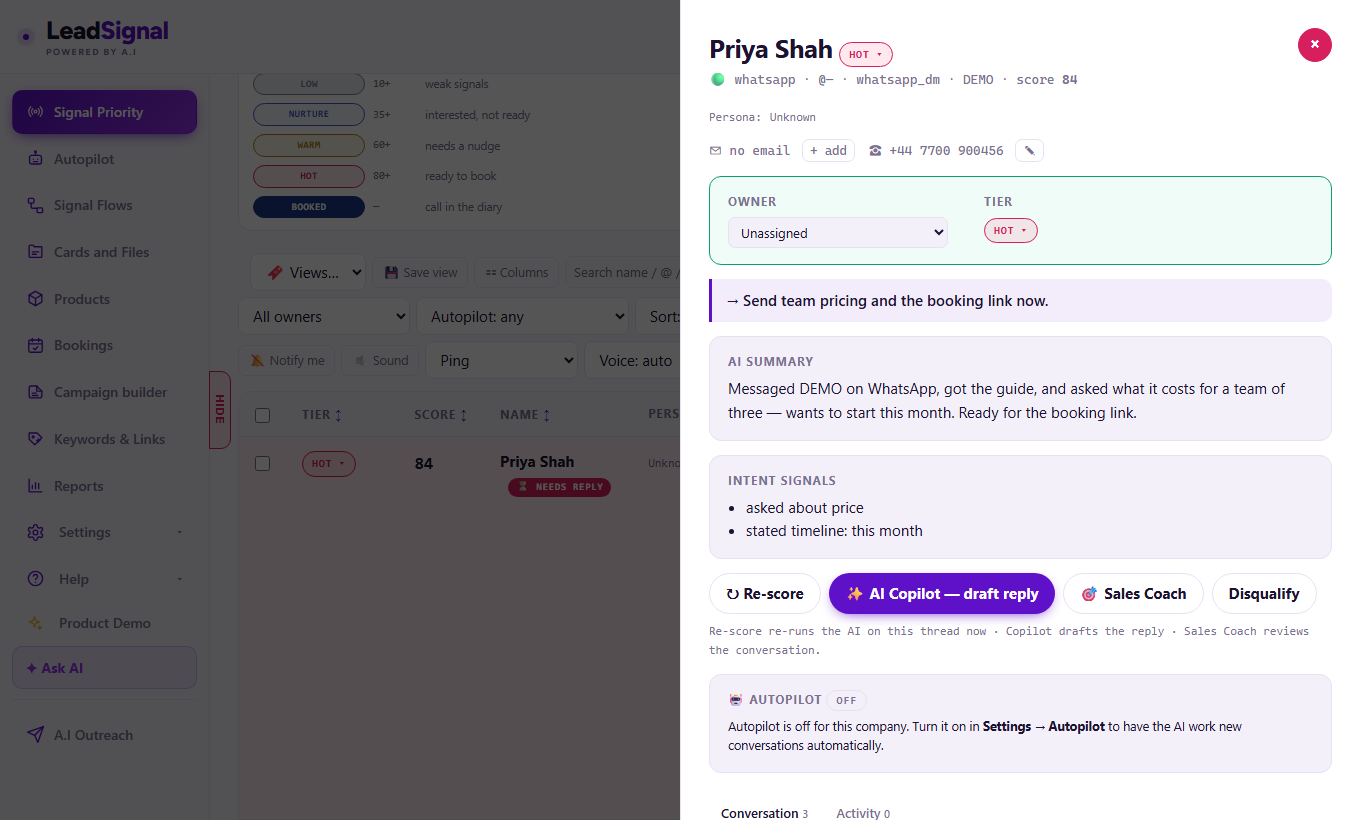 A WhatsApp lead inside LeadSignal — scored, summarised and ready to work