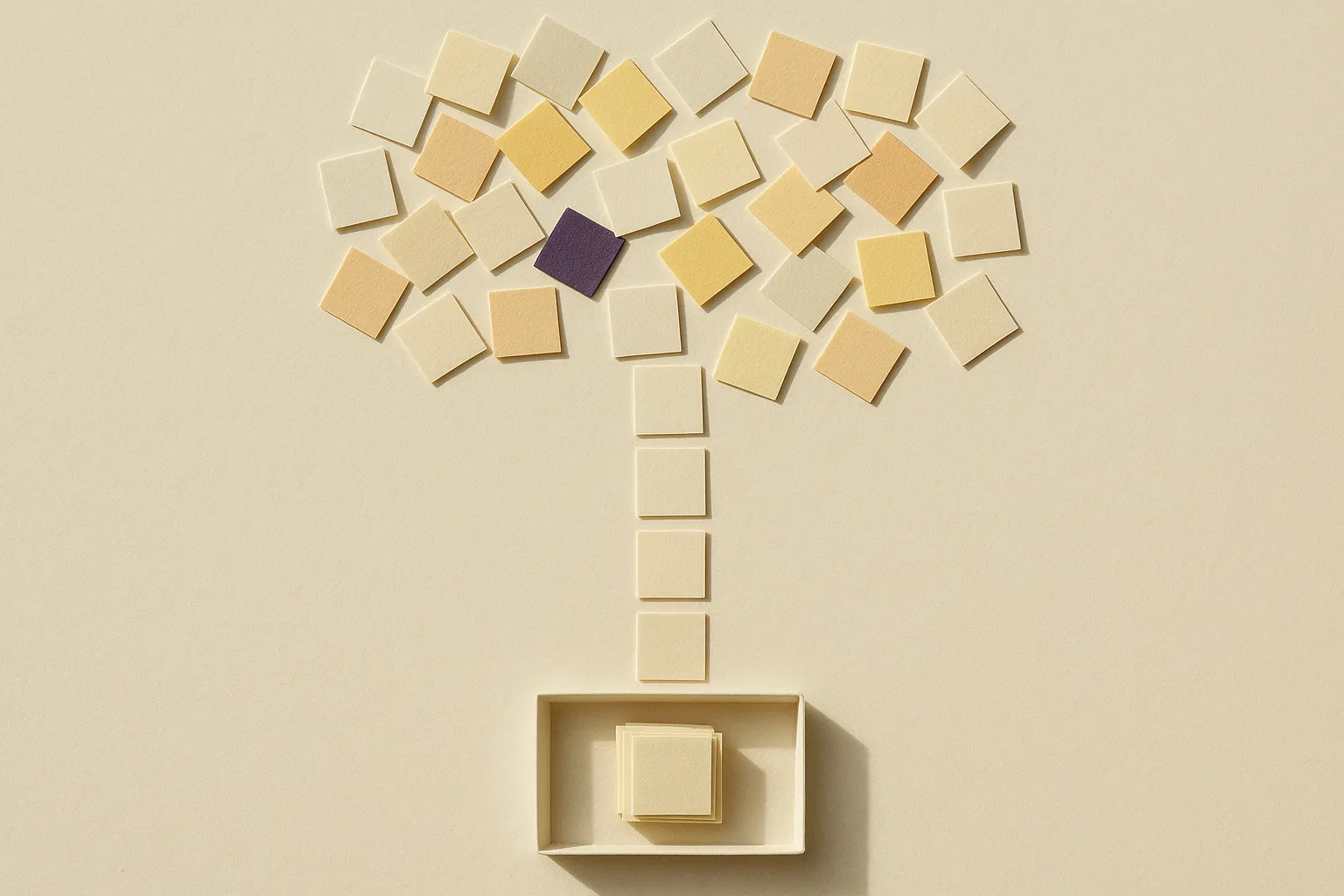 Scattered paper notes funnelling into a single neat tray