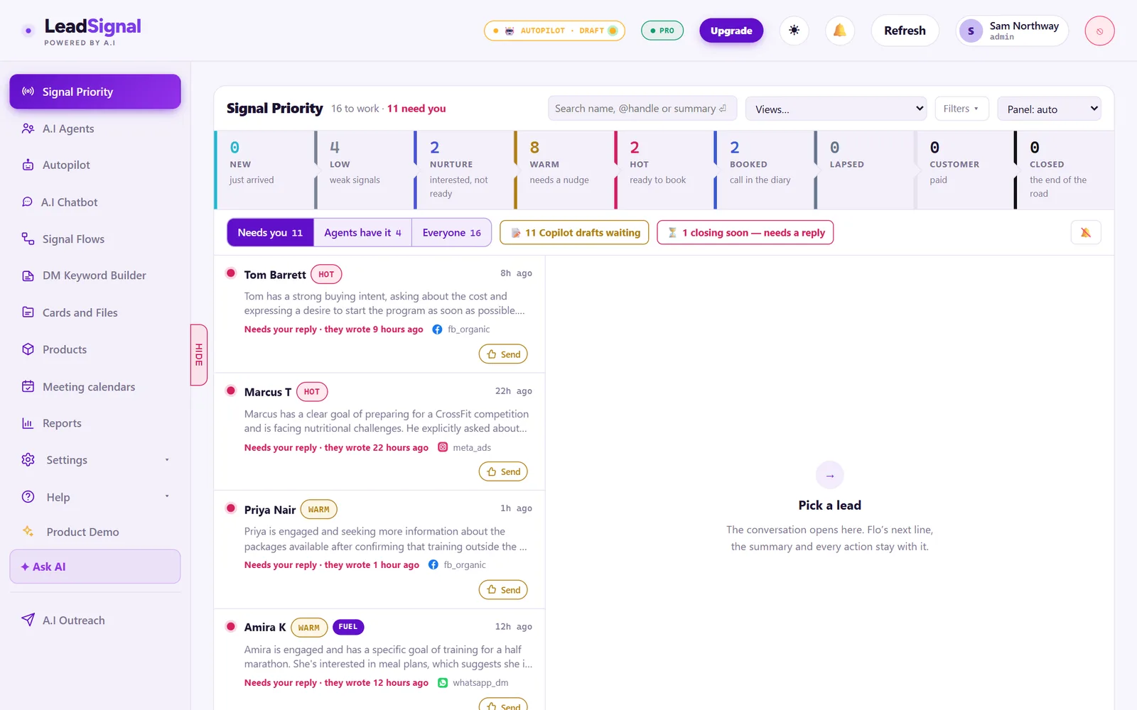 The LeadSignal Signal Priority queue: every DM lead from Facebook, Instagram and WhatsApp in one list, scored, tiered HOT, WARM and NURTURE, with an AI summary of what each person wants