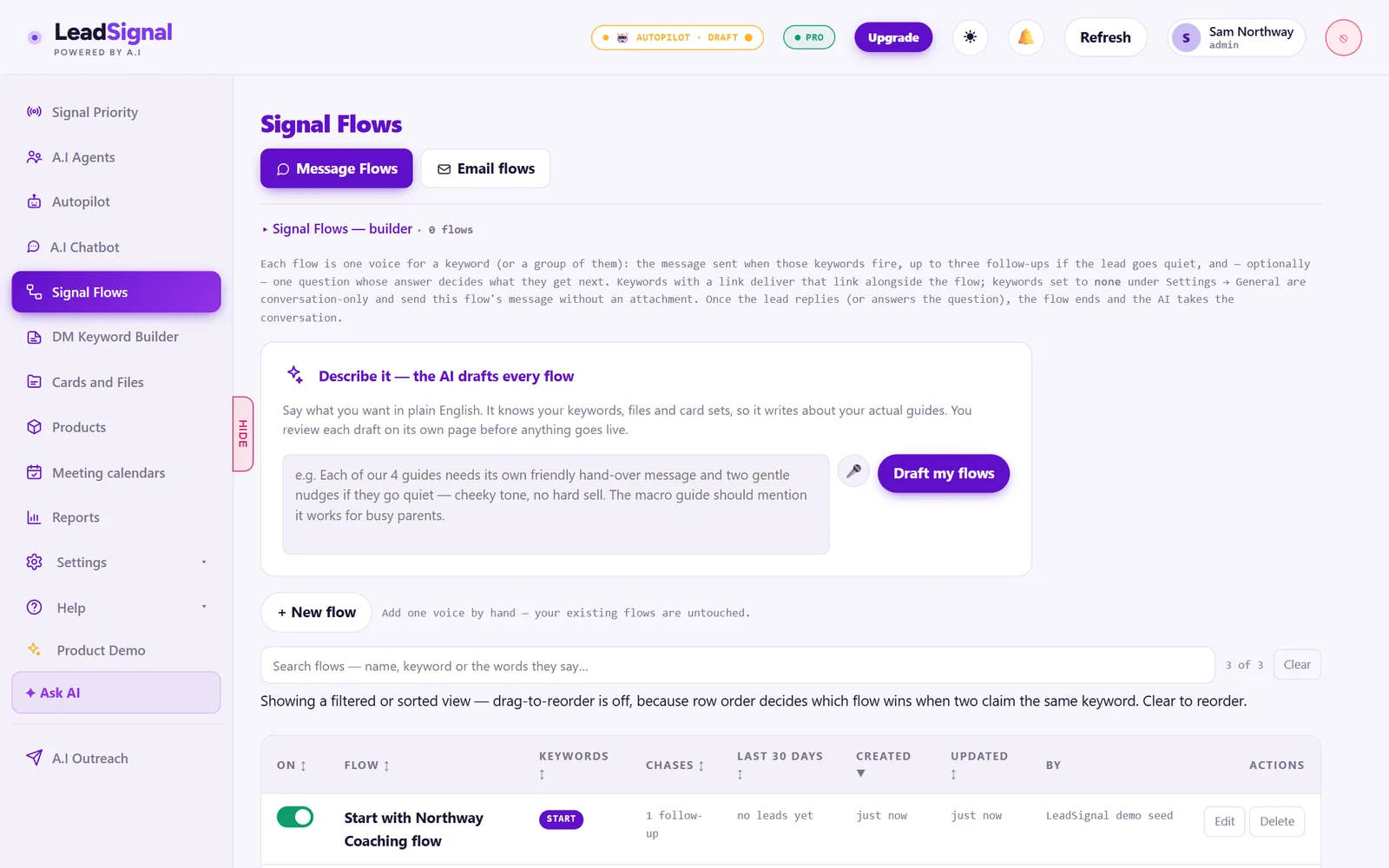 LeadSignal Signal Flows: describe the follow-up you want in plain English and the AI drafts every flow, with the live flows listed underneath